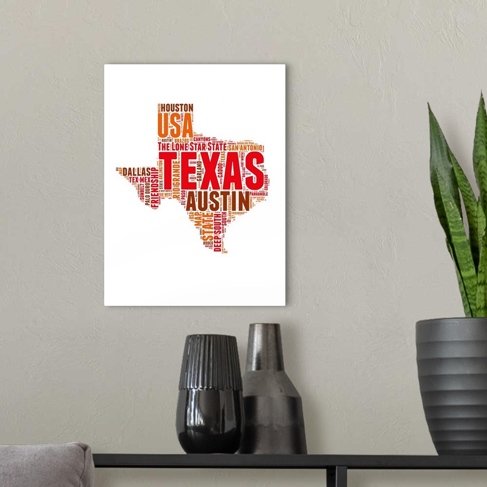 A modern room featuring Typography art map of the US state Texas.