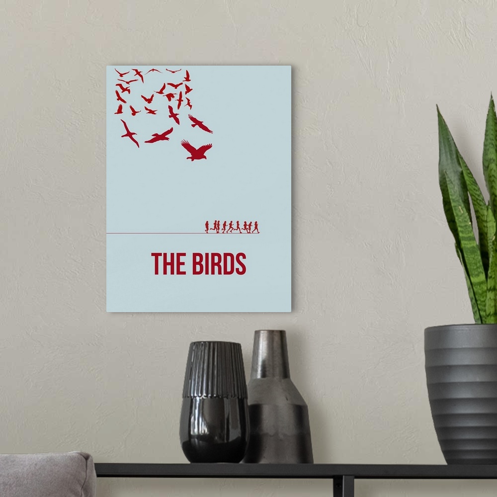 A modern room featuring Contemporary minimalist movie poster artwork of The Birds.