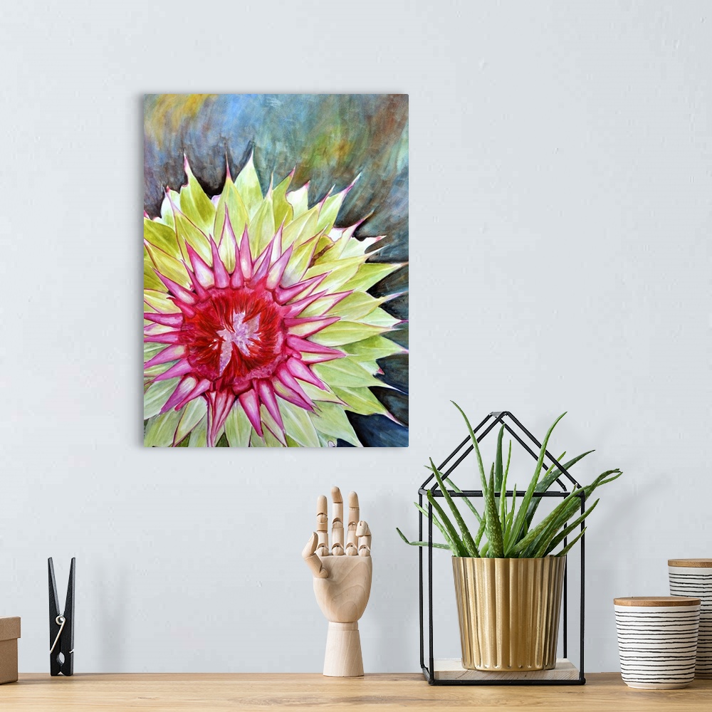 A bohemian room featuring Contemporary painting of a thistle flower.