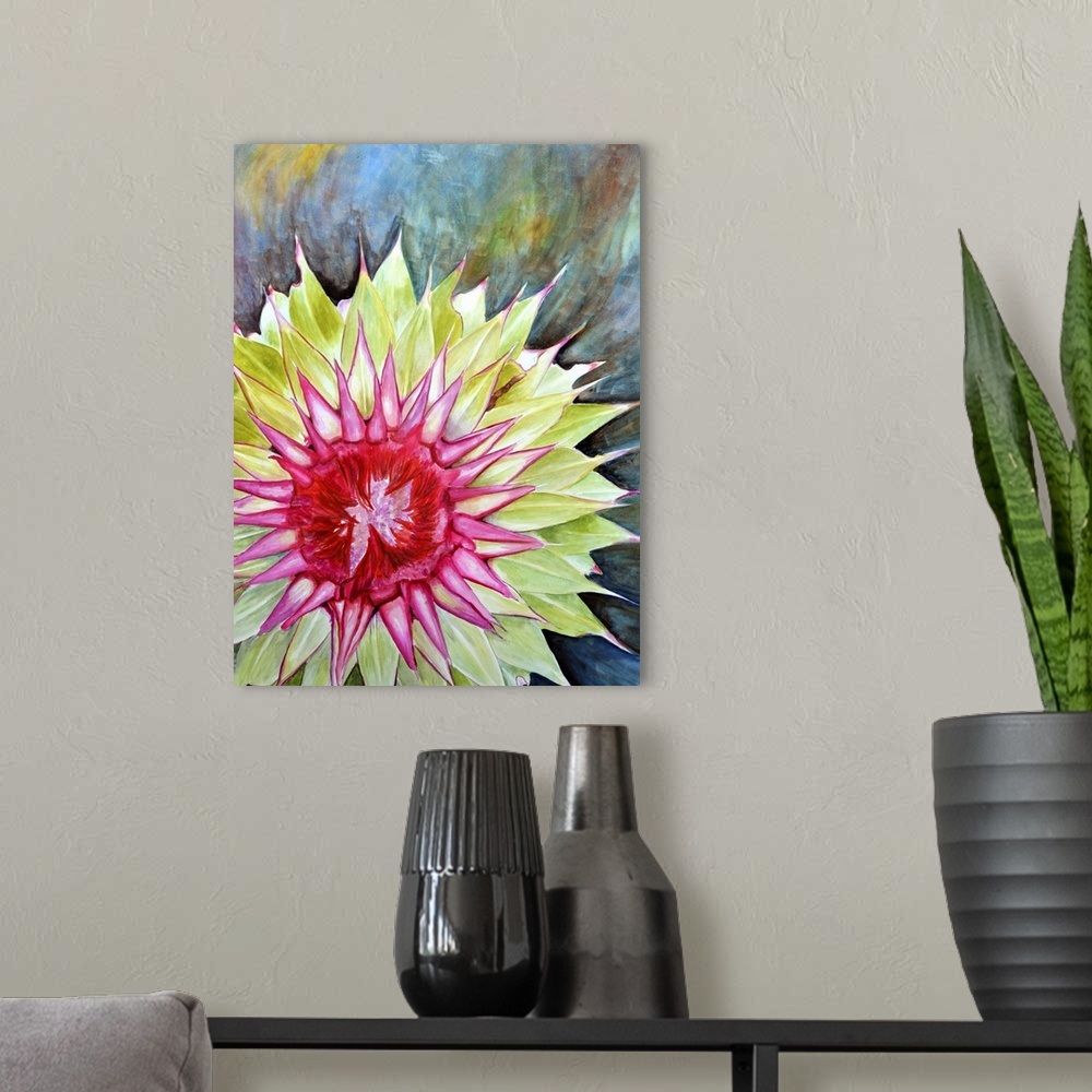 A modern room featuring Contemporary painting of a thistle flower.