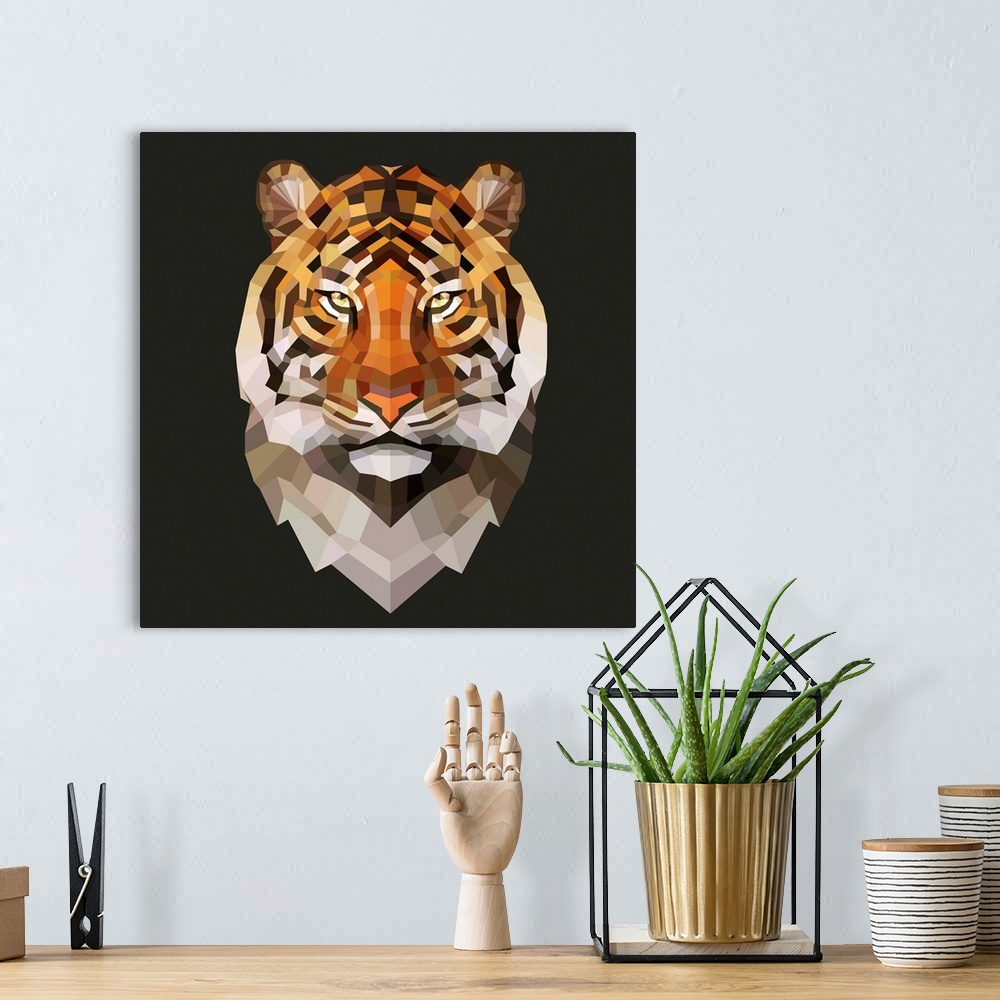 A bohemian room featuring Contemporary artwork of a polygon mesh tiger portrait.