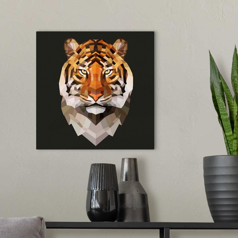 A modern room featuring Contemporary artwork of a polygon mesh tiger portrait.