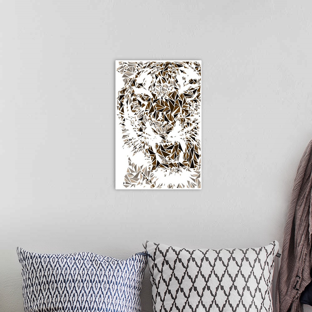 A bohemian room featuring A snarling tiger made up of triangular geometric shapes.