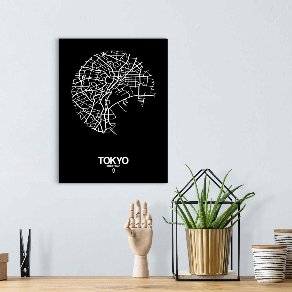 A bohemian room featuring Minimalist art map of the city streets of Tokyo in black and white.