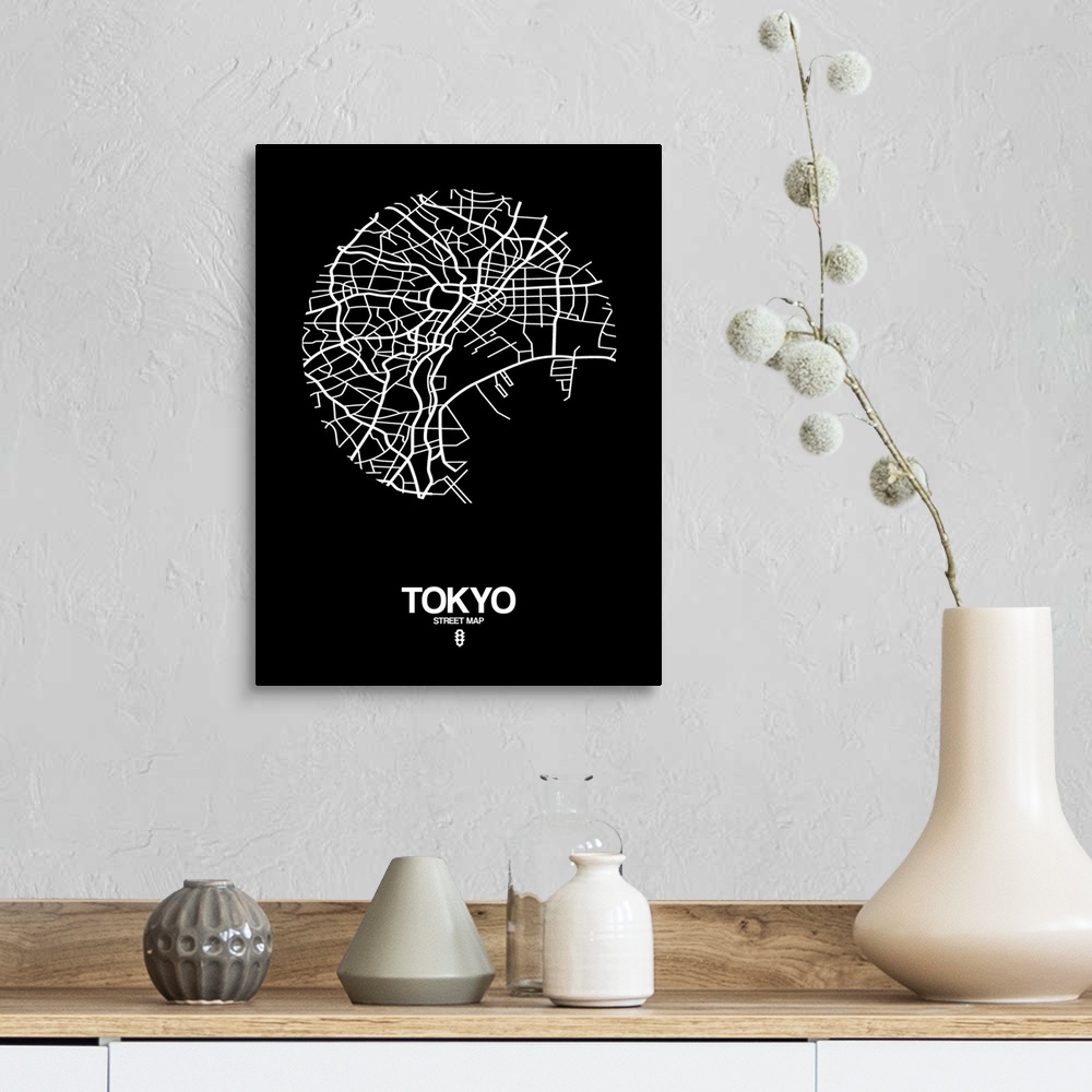 A farmhouse room featuring Minimalist art map of the city streets of Tokyo in black and white.