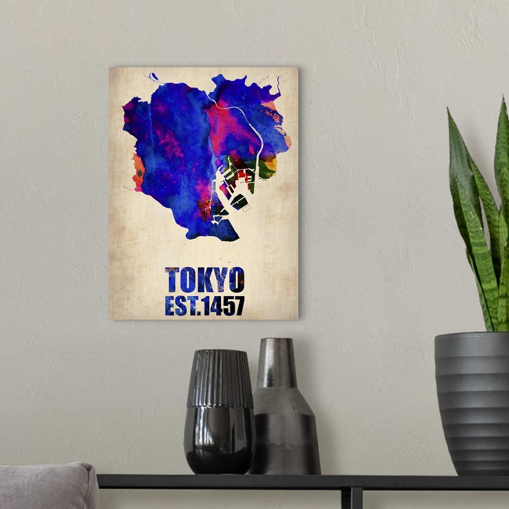 A modern room featuring Tokyo Watercolor Map I