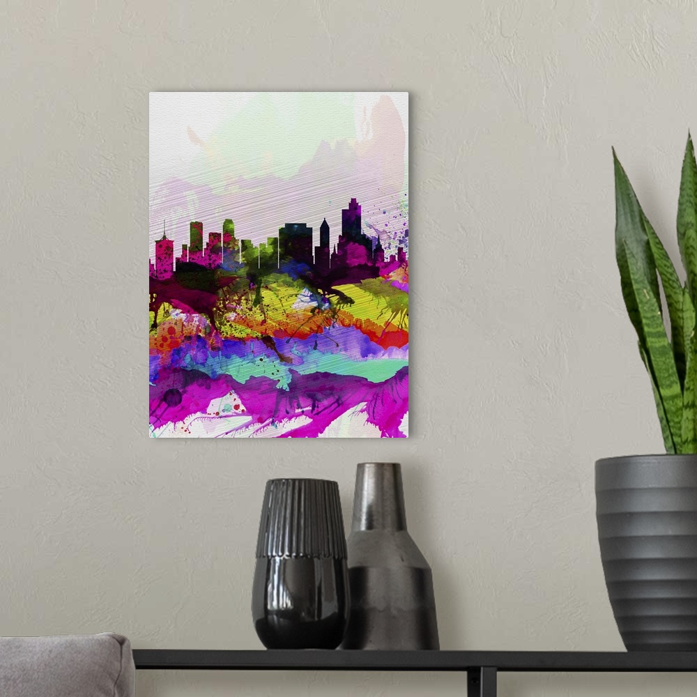 A modern room featuring Tulsa Watercolor Skyline