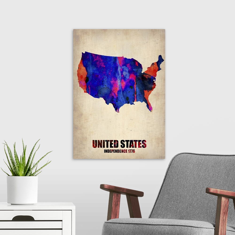 A modern room featuring USA Watercolor Map I