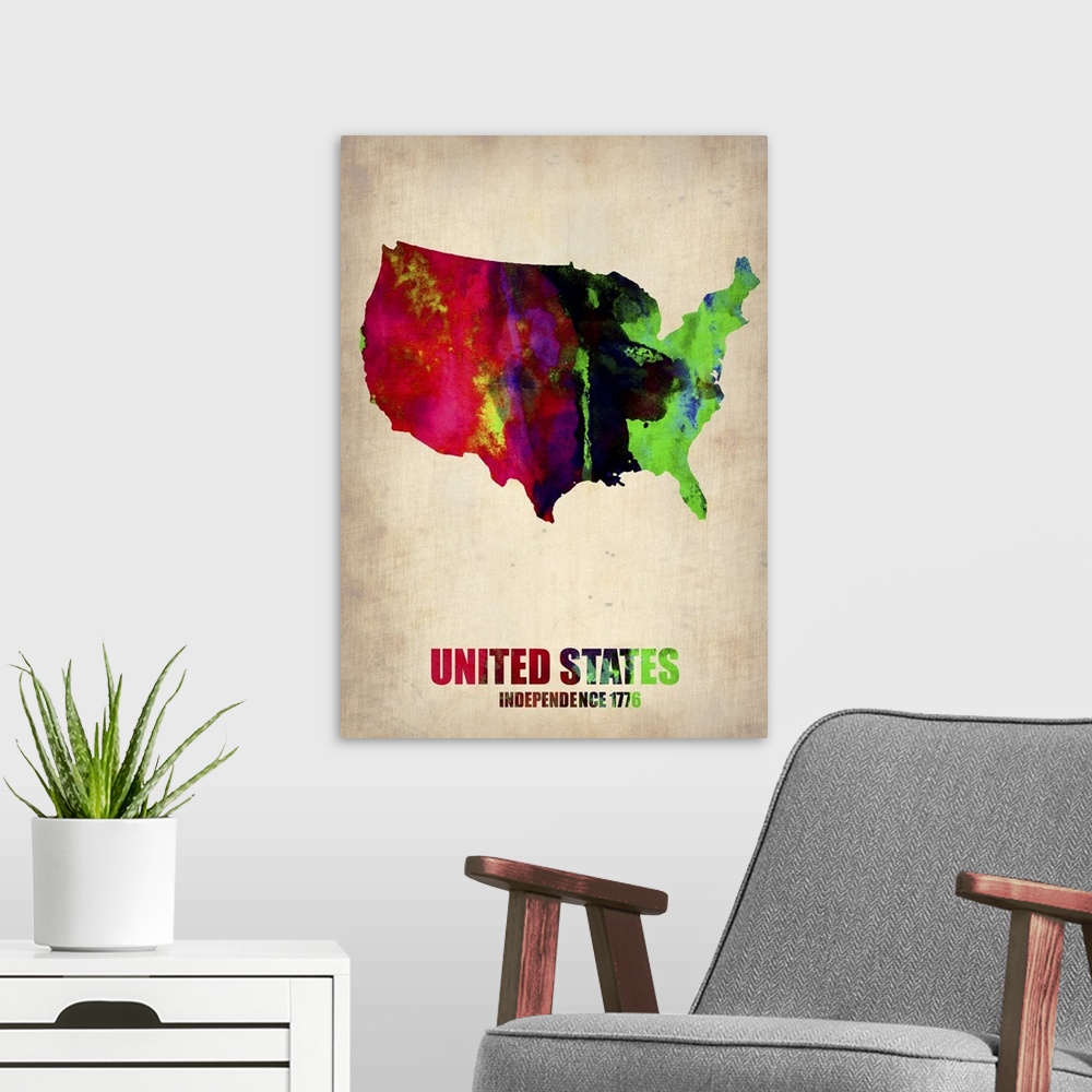 A modern room featuring USA Watercolor Map II