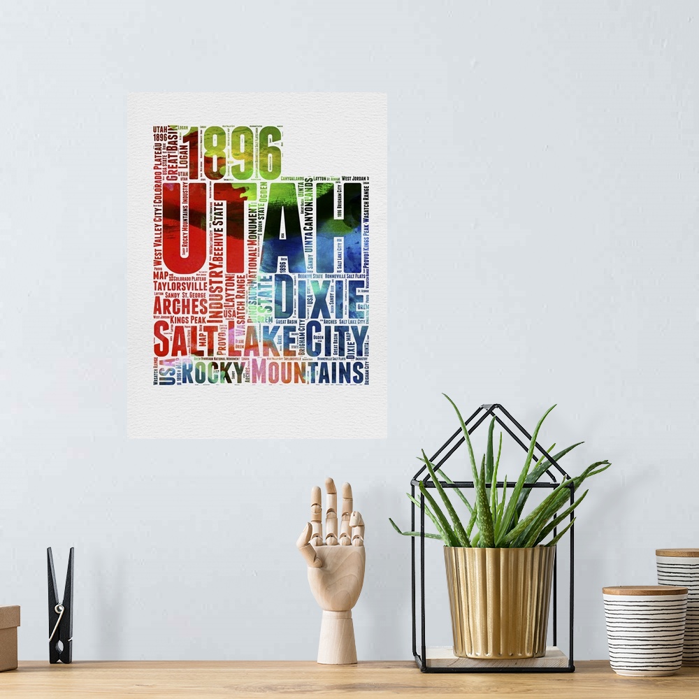 A bohemian room featuring Watercolor typography art map of the US state Utah.