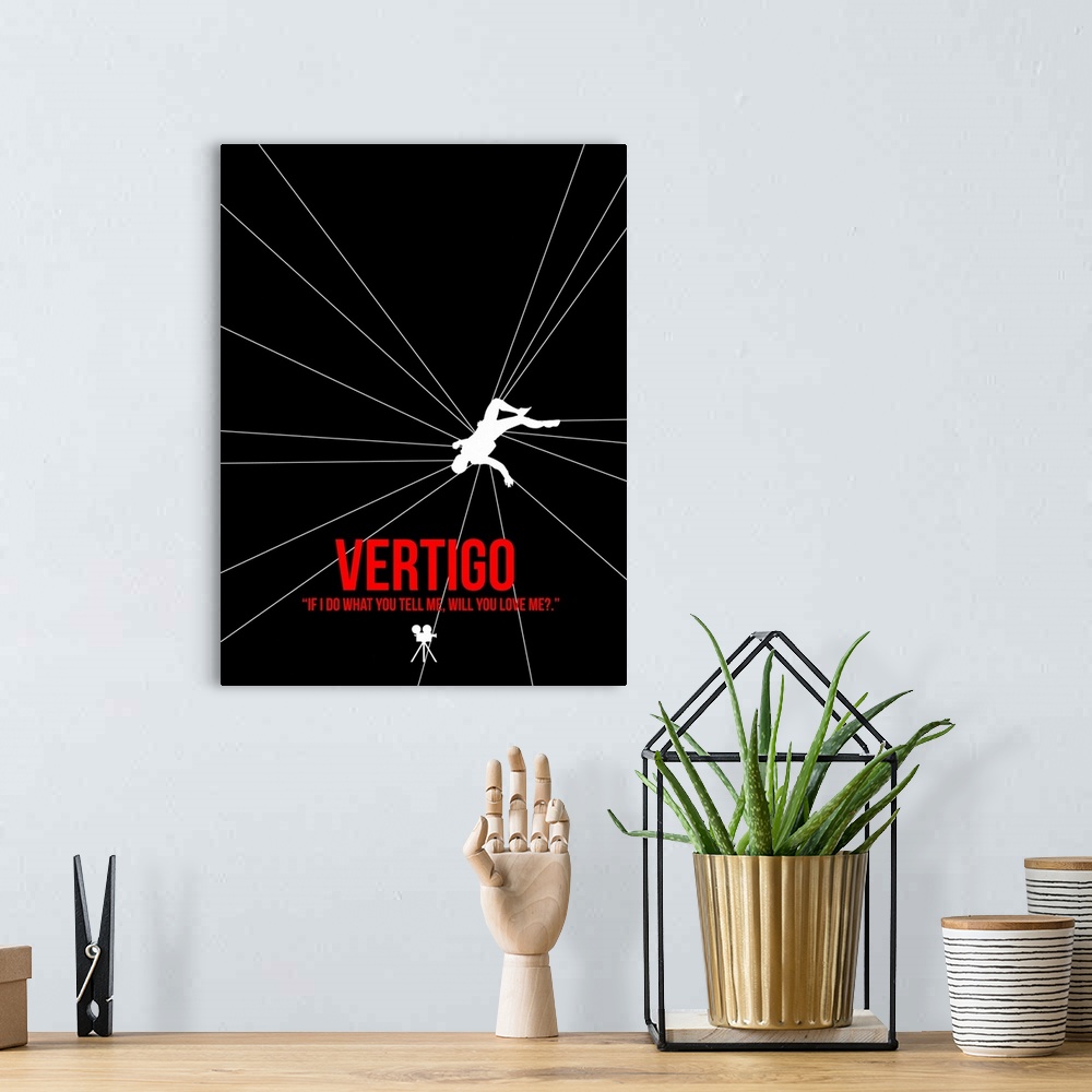 A bohemian room featuring Contemporary minimalist movie poster artwork of Vertigo.