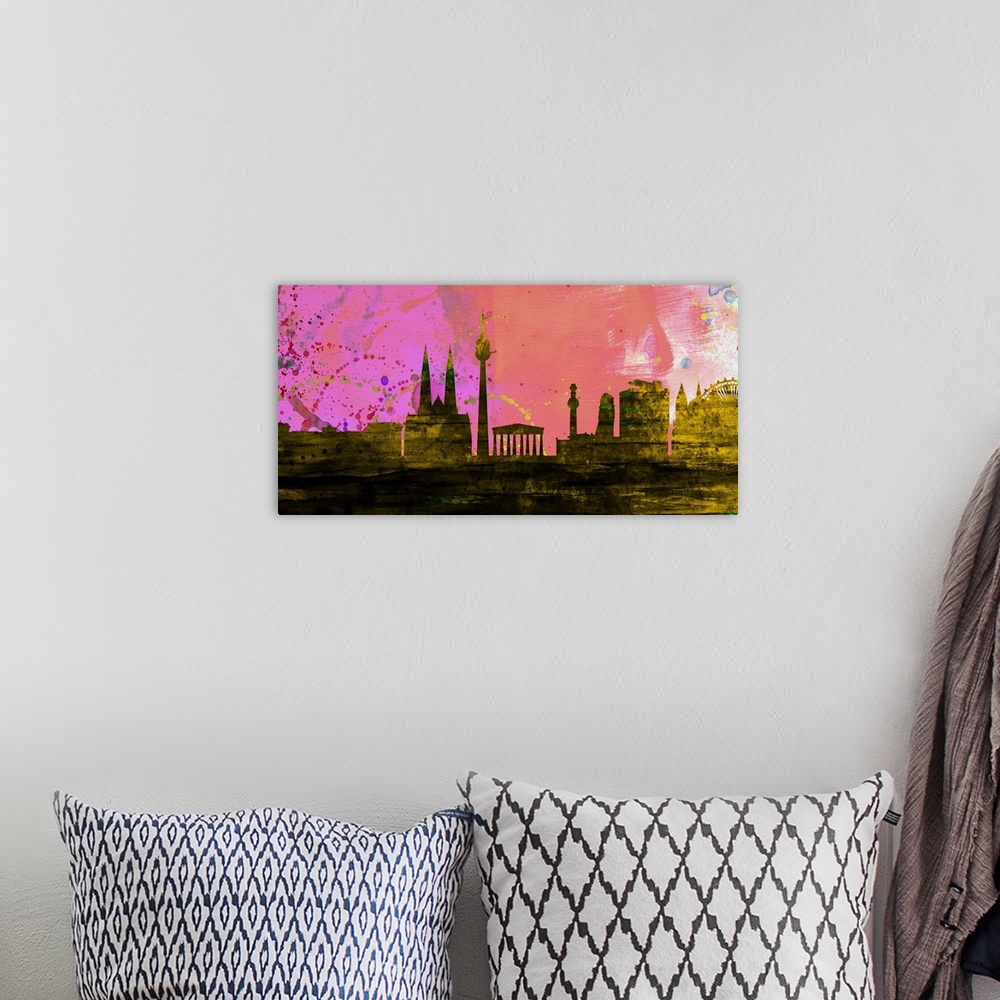 A bohemian room featuring Watercolor artwork of the silhouette of the Vienna city skyline.