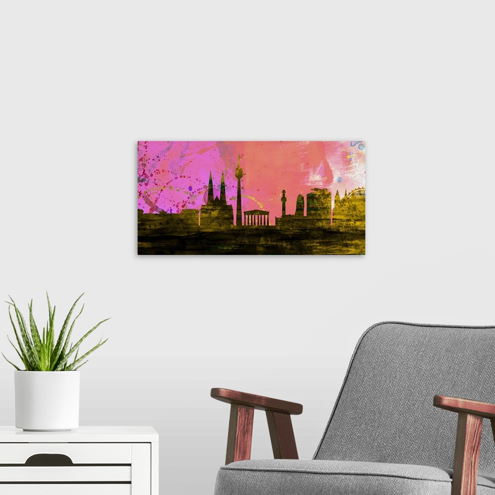 A modern room featuring Watercolor artwork of the silhouette of the Vienna city skyline.