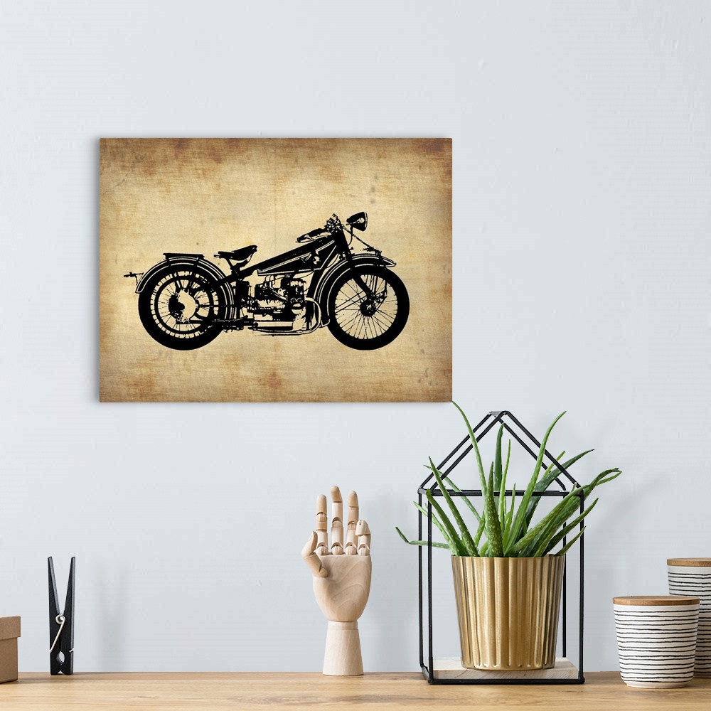 A bohemian room featuring Large, horizontal art of the silhouette of an illustrated vintage motorcycle, on a background res...