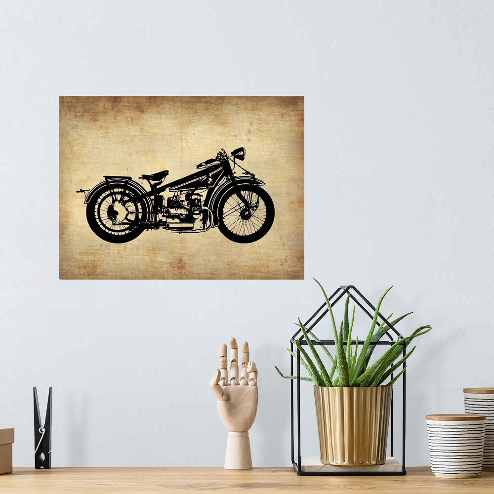 A bohemian room featuring Large, horizontal art of the silhouette of an illustrated vintage motorcycle, on a background res...
