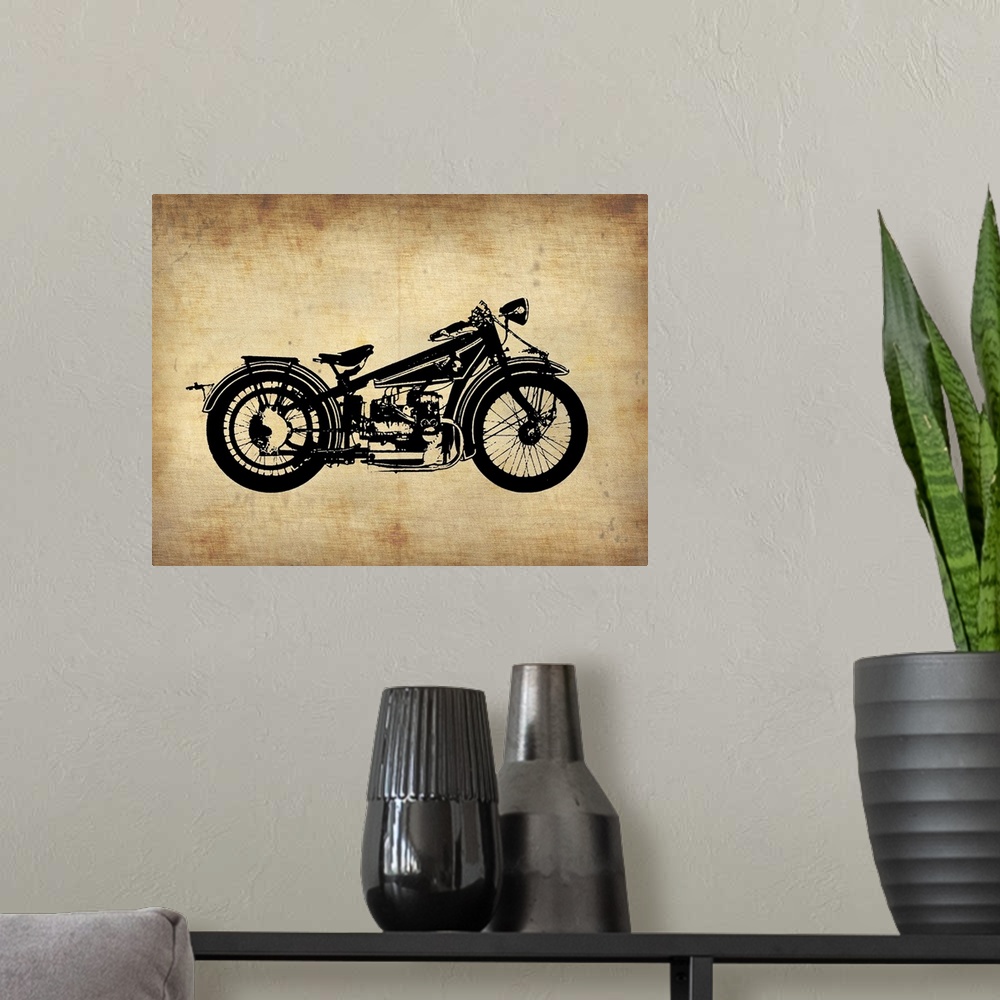 A modern room featuring Large, horizontal art of the silhouette of an illustrated vintage motorcycle, on a background res...