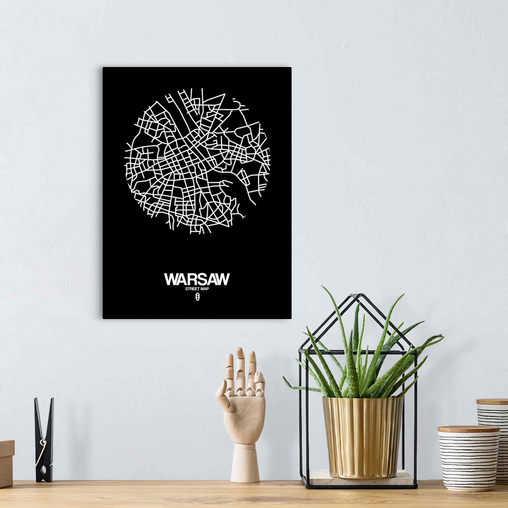 A bohemian room featuring Minimalist art map of the city streets of Warsaw in black and white.