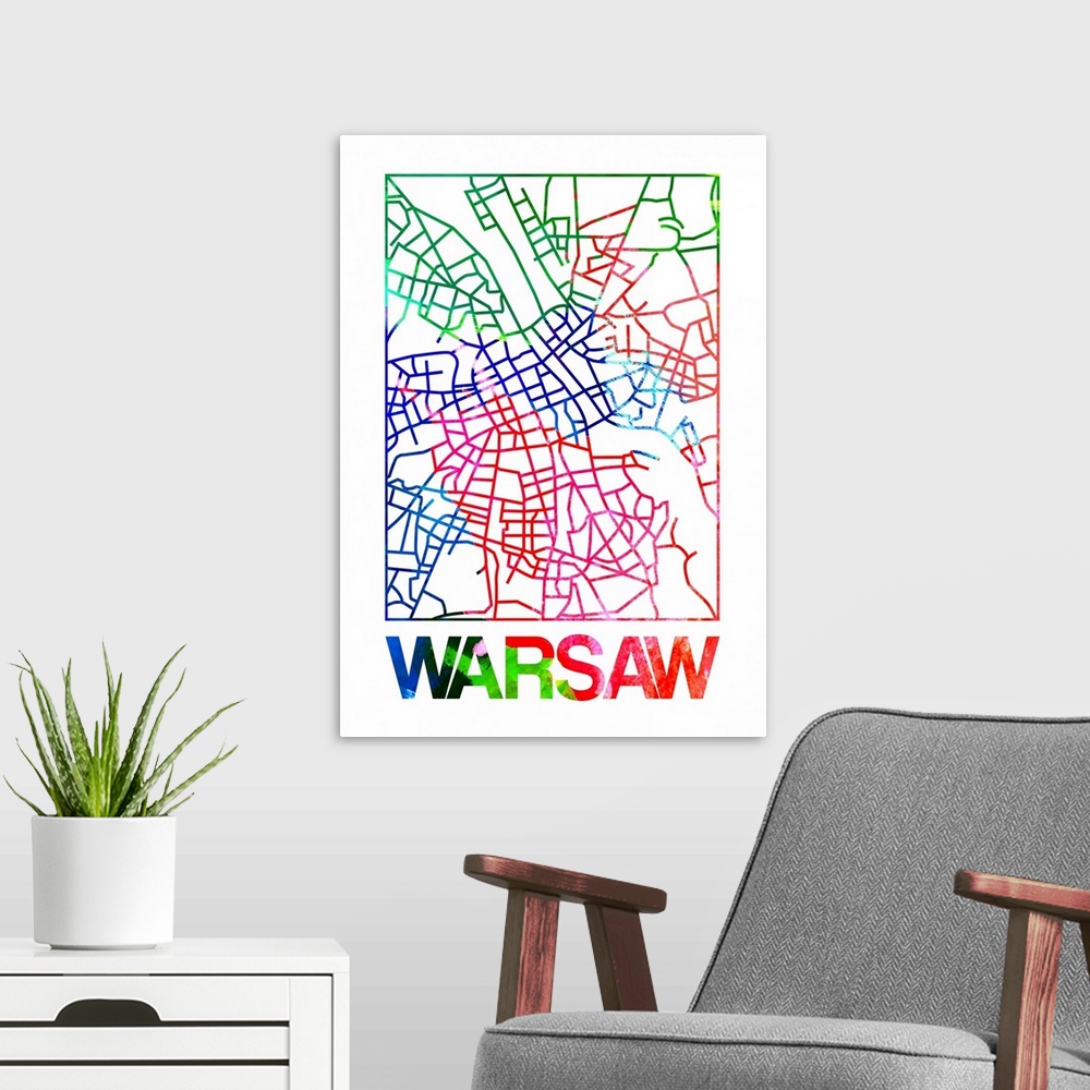 A modern room featuring Colorful map of the streets of Warsaw, Poland.