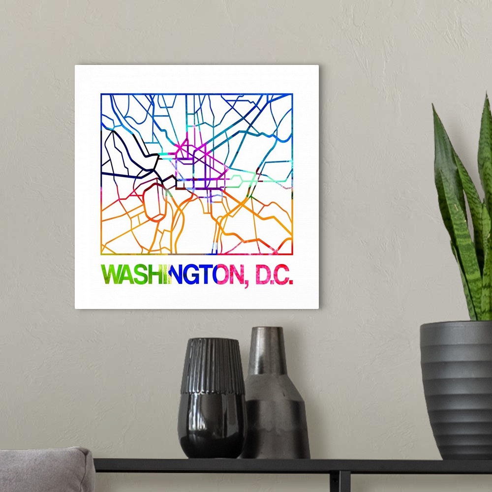 A modern room featuring Colorful map of the streets of Washington, DC.