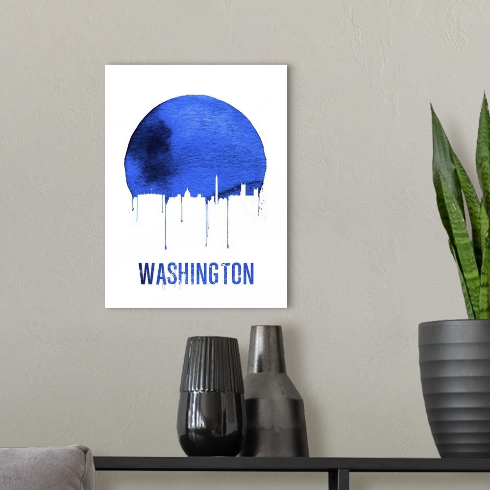 A modern room featuring Contemporary watercolor artwork of the Washington DC city skyline, in silhouette.