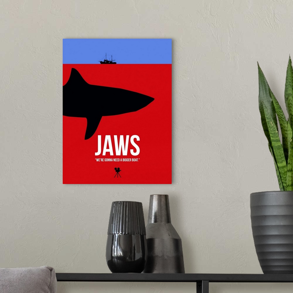 A modern room featuring Contemporary minimalist movie poster artwork of Jaws.