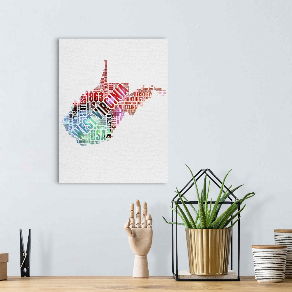 A bohemian room featuring Watercolor typography art map of the US state West Virginia.