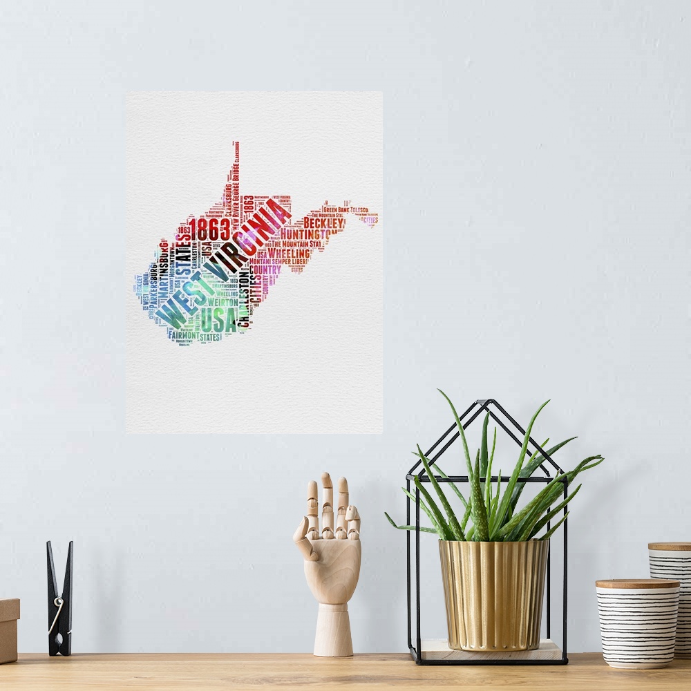 A bohemian room featuring Watercolor typography art map of the US state West Virginia.