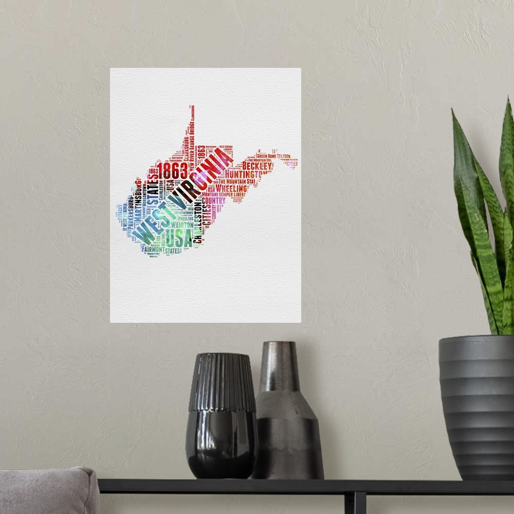 A modern room featuring Watercolor typography art map of the US state West Virginia.