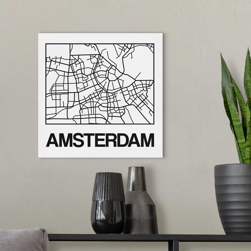 A modern room featuring Contemporary minimalist art map of the city streets of Amsterdam.