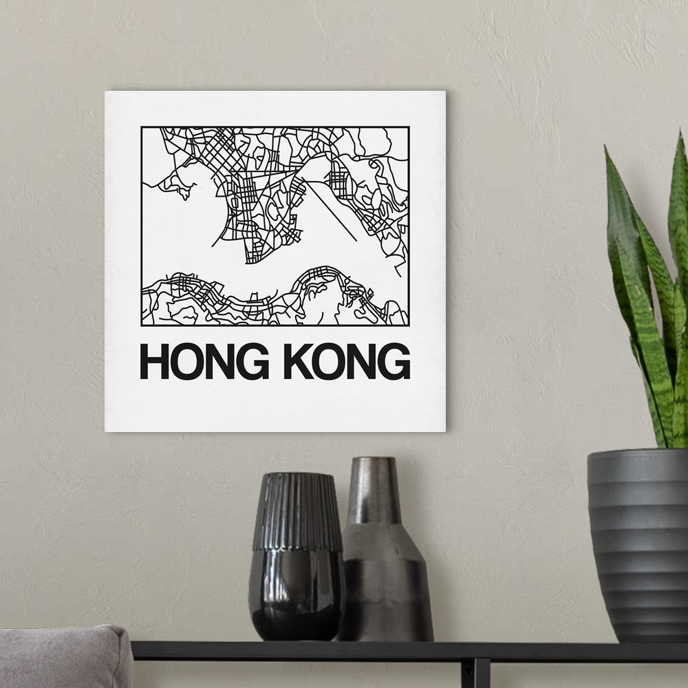 A modern room featuring Contemporary minimalist art map of the city streets of Hong Kong.