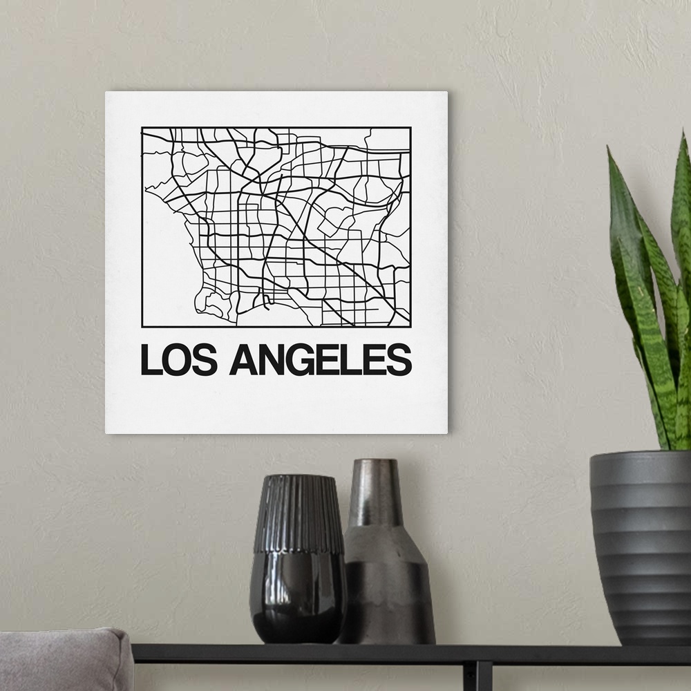 A modern room featuring Contemporary minimalist art map of the city streets of Los Angeles.