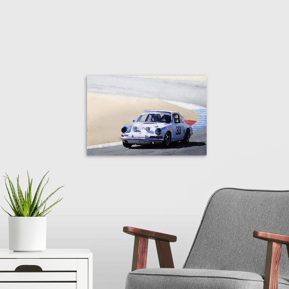 A modern room featuring White Porsche 911 in Monterey Watercolor