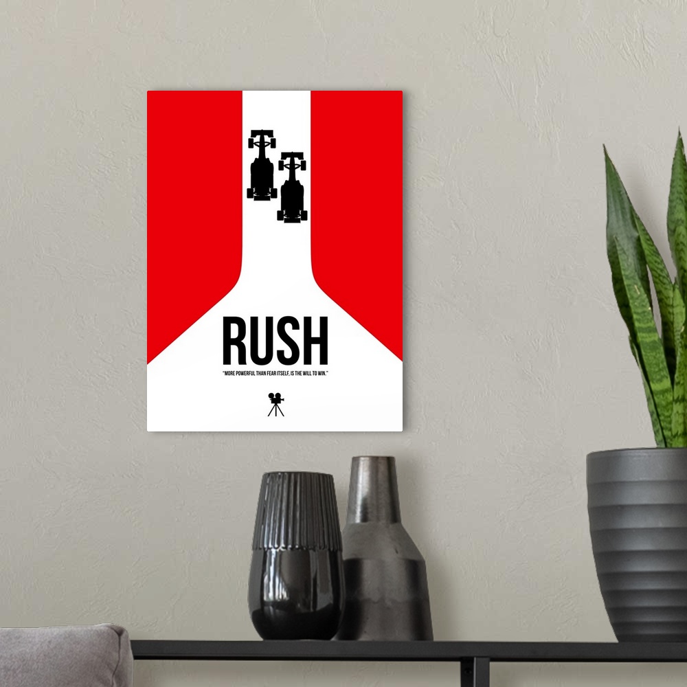 A modern room featuring Contemporary minimalist movie poster artwork of Rush.