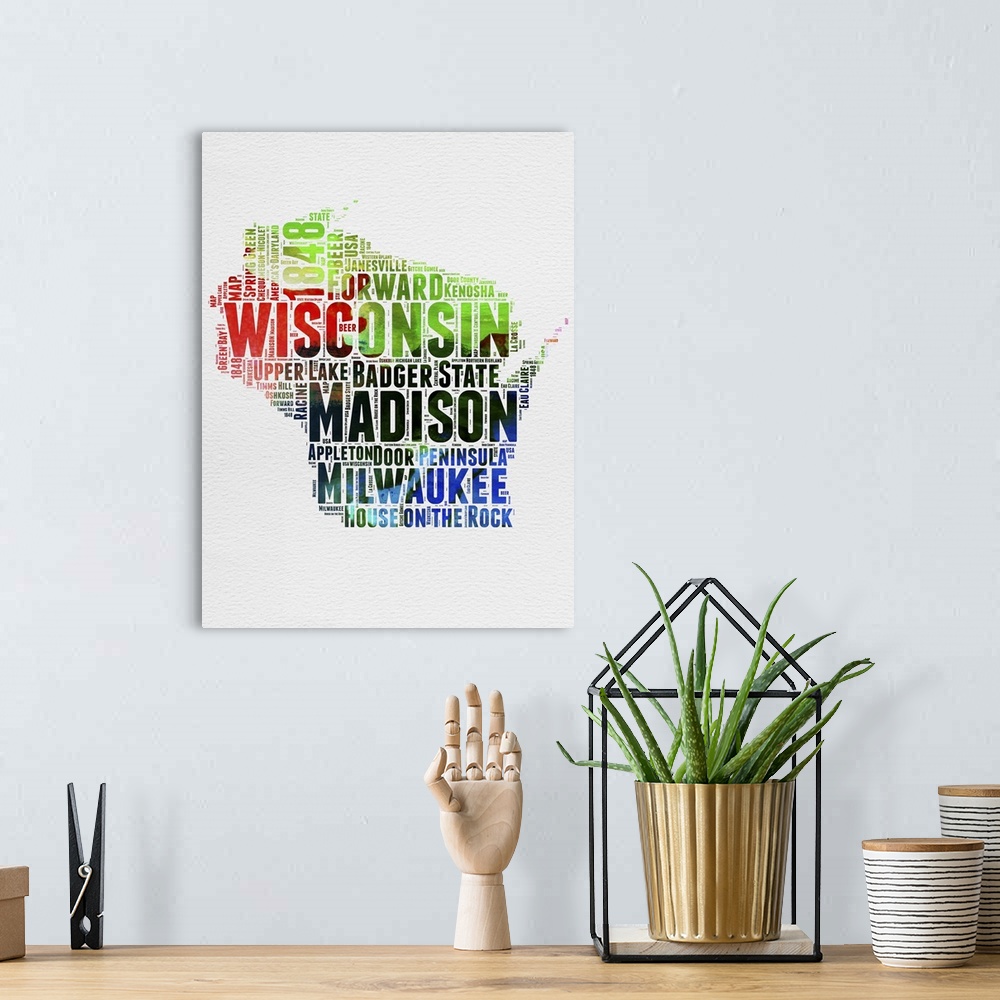 A bohemian room featuring Watercolor typography art map of the US state Wisconsin.