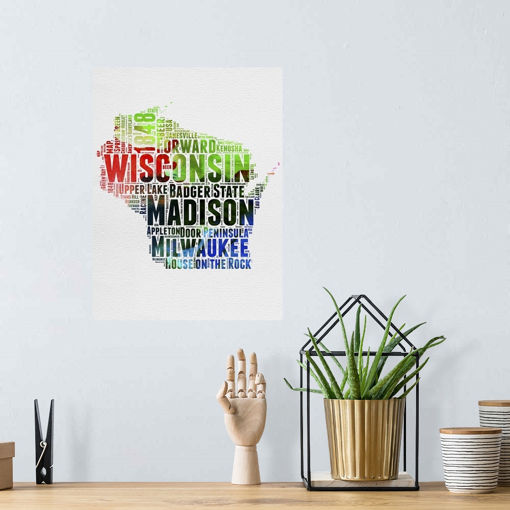 A bohemian room featuring Watercolor typography art map of the US state Wisconsin.