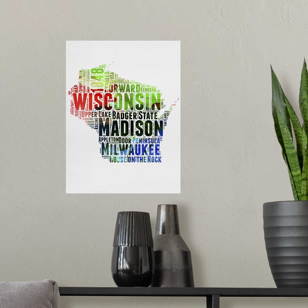 A modern room featuring Watercolor typography art map of the US state Wisconsin.