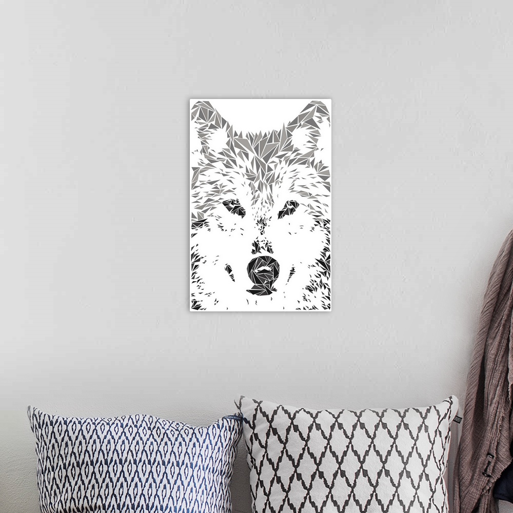 A bohemian room featuring A wolf made up of triangular geometric shapes.