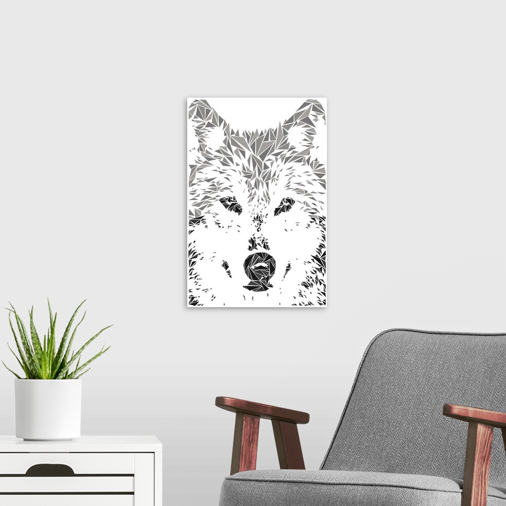 A modern room featuring A wolf made up of triangular geometric shapes.