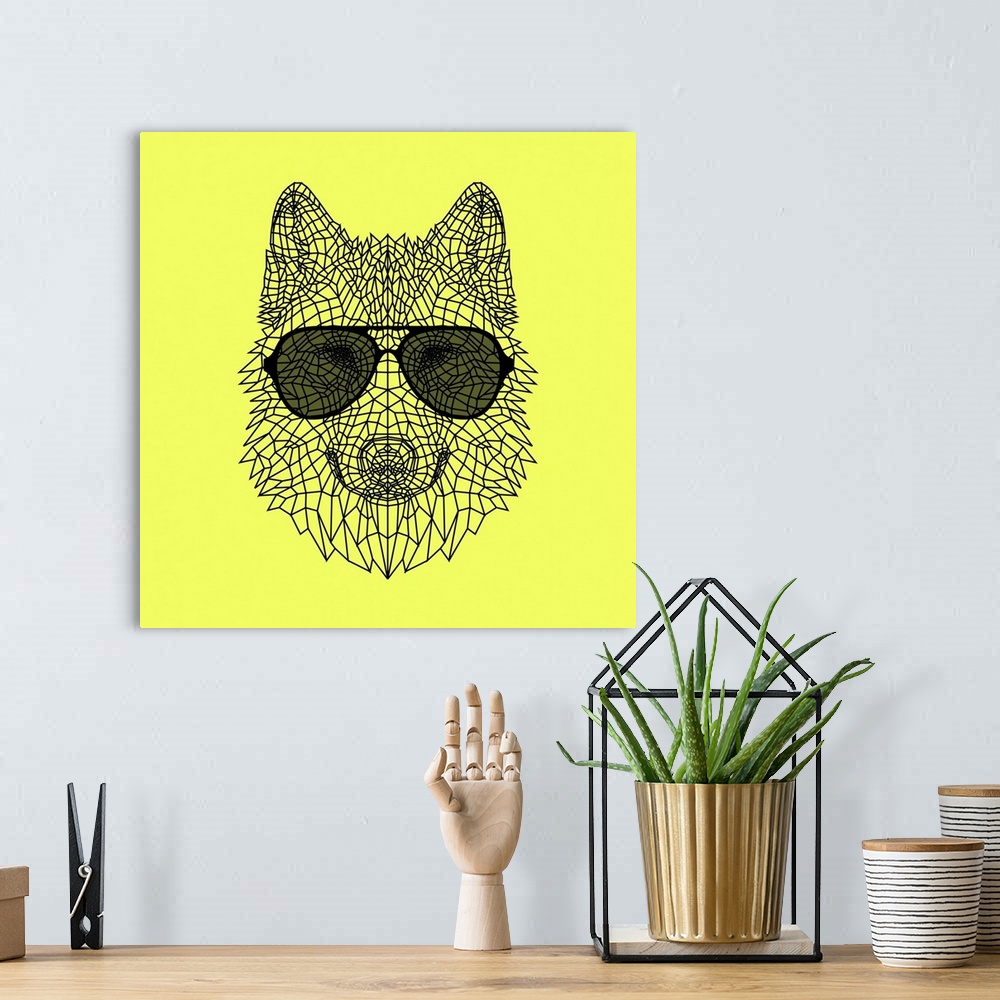 A bohemian room featuring Wolf head wearing sunglasses made up of a polygon mesh.