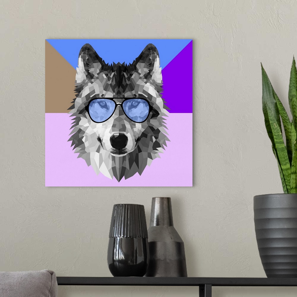 A modern room featuring Wolf head wearing sunglasses made up of a polygon mesh.