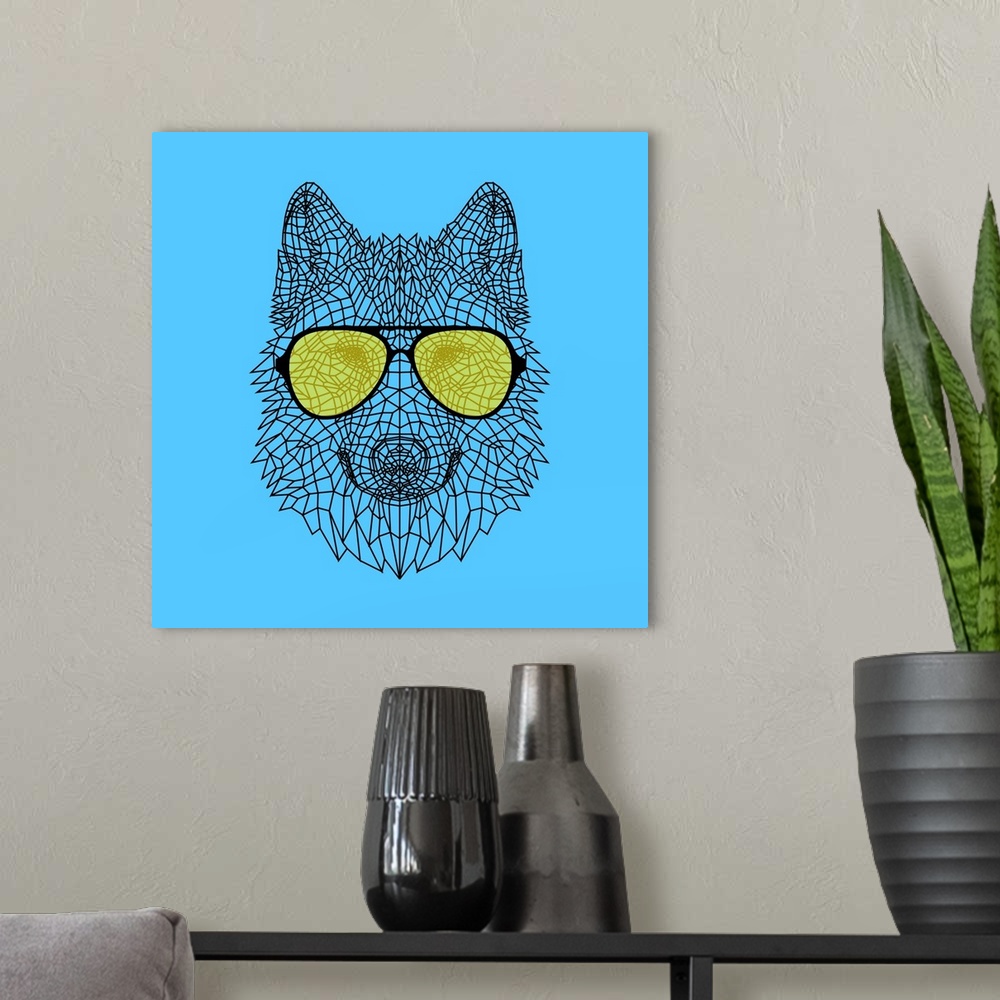 A modern room featuring Wolf head wearing sunglasses made up of a polygon mesh.