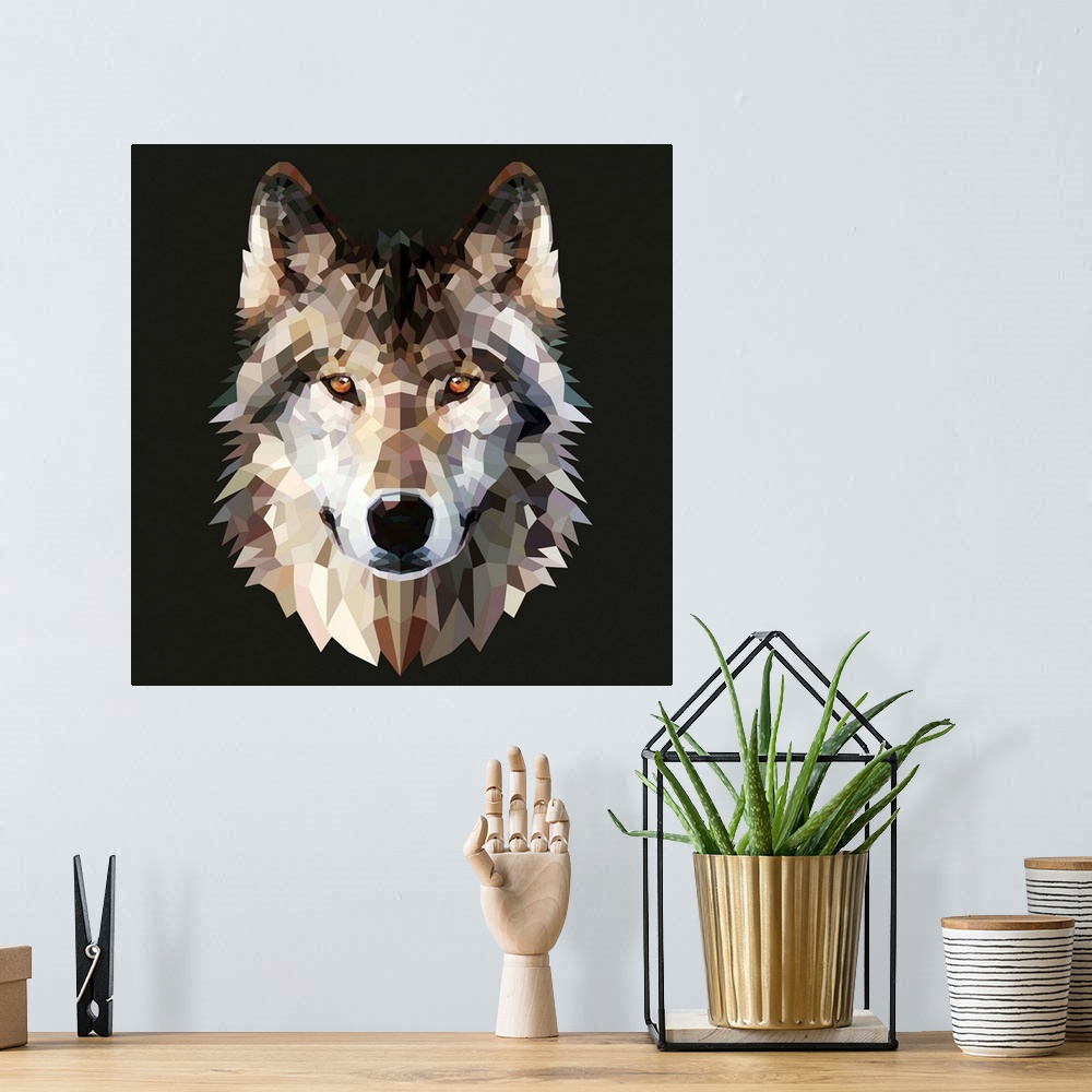 A bohemian room featuring Contemporary artwork of a polygon mesh wolf portrait.