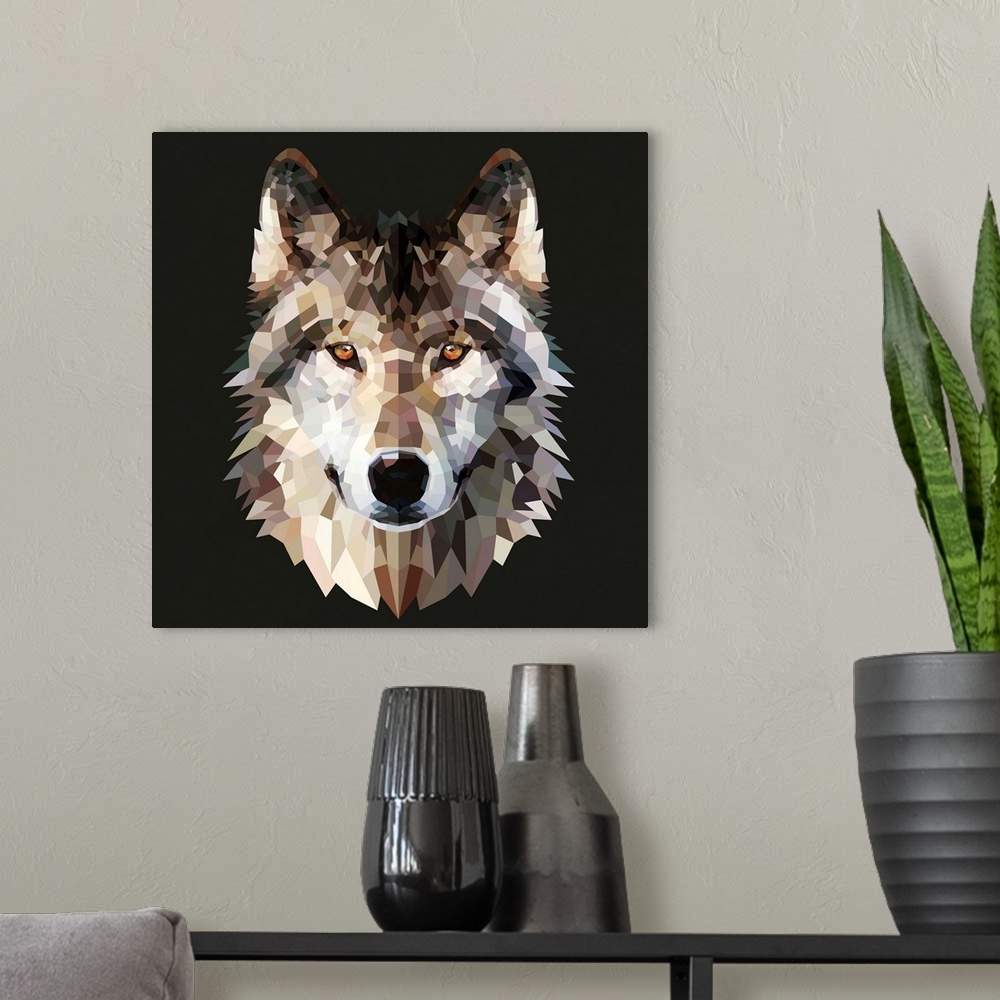 A modern room featuring Contemporary artwork of a polygon mesh wolf portrait.