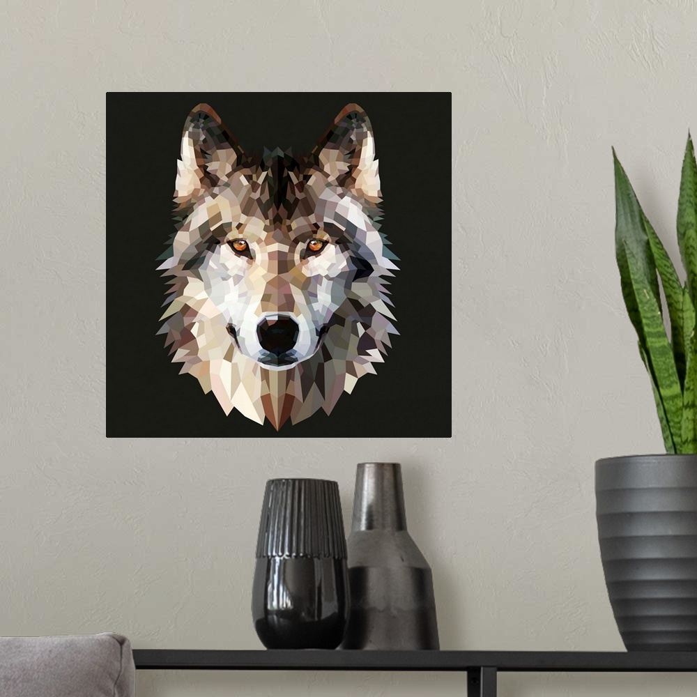 A modern room featuring Contemporary artwork of a polygon mesh wolf portrait.