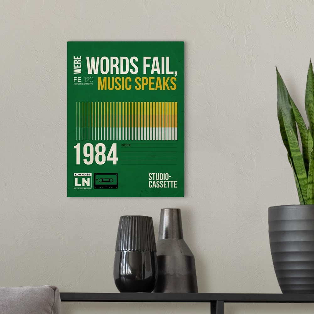 A modern room featuring Words Fail, Music Speaks