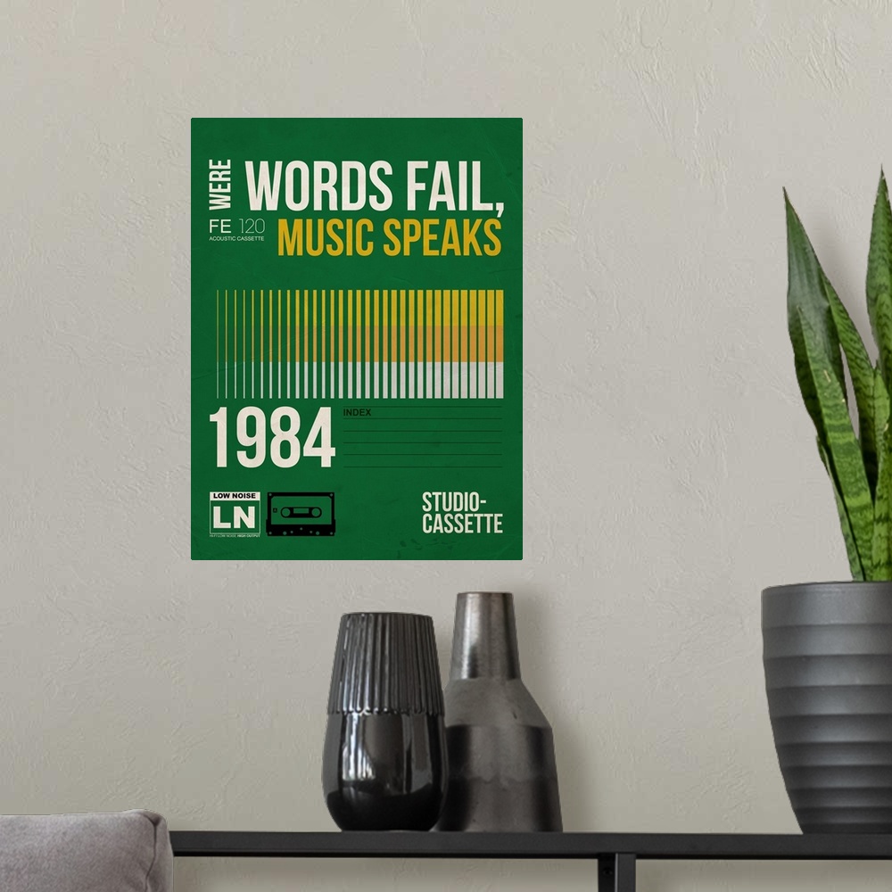A modern room featuring Words Fail, Music Speaks