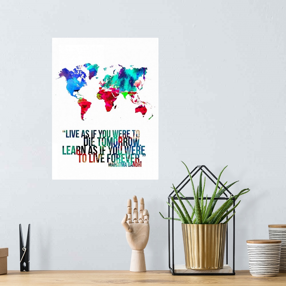 A bohemian room featuring World Map Quote - Mahatma Gandhi