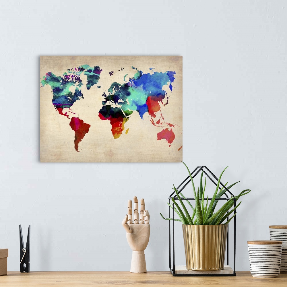 A bohemian room featuring World Watercolor Map I
