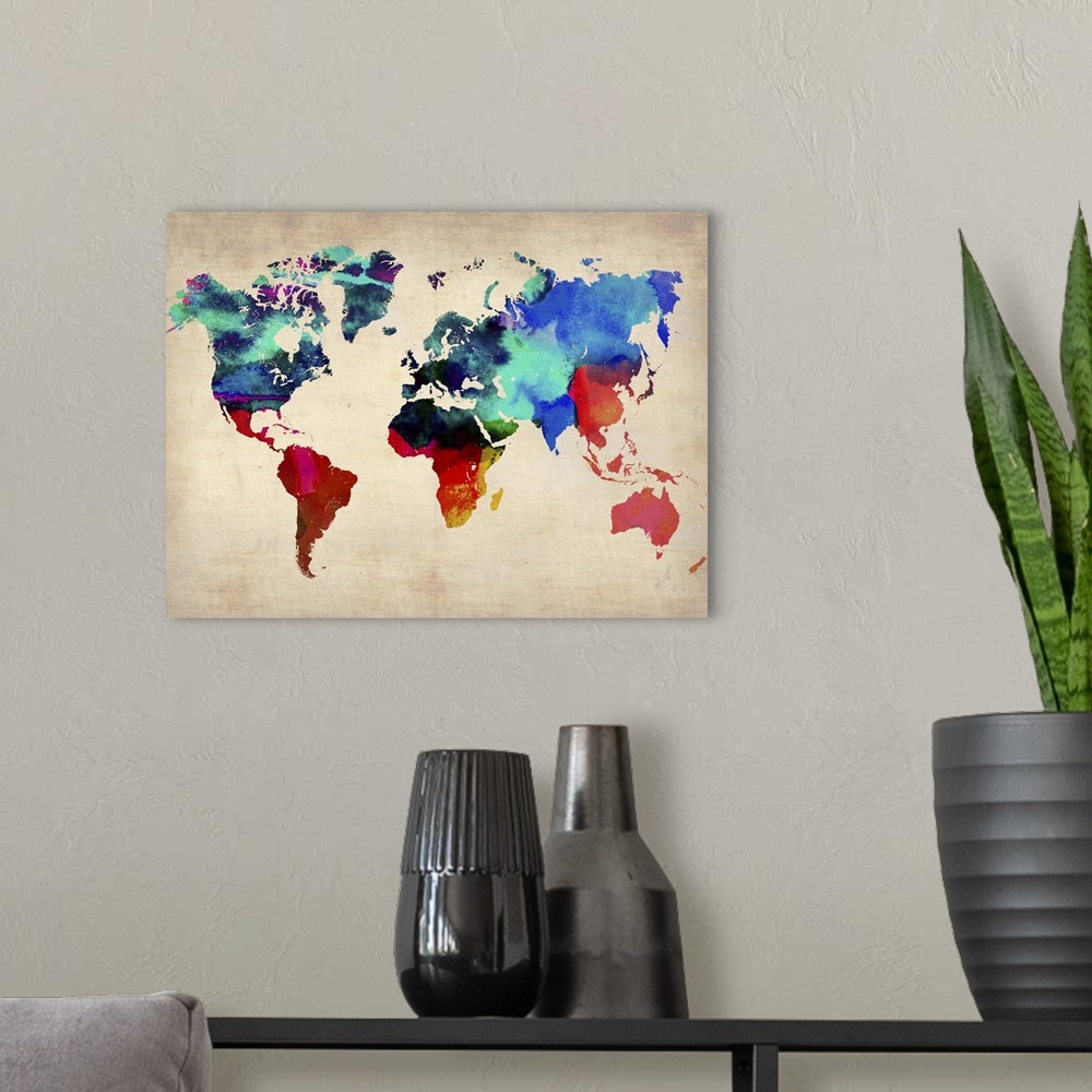 A modern room featuring World Watercolor Map I
