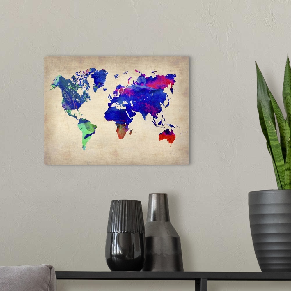 A modern room featuring World Watercolor Map II